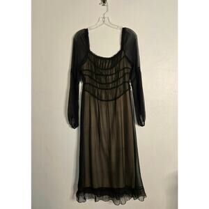 Y2k Black Silk Chiffon Smocked Long Sleeve Midi Dress 6 Witchy Vamp Goth Elegant